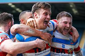 Hornets players celebrate the win against Dewsbury Rams. Photographer: Jackie Meredith