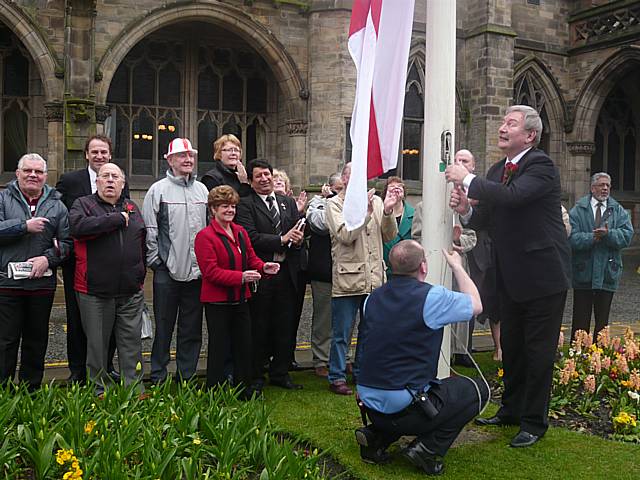 Raising of the St George flag outside Rochdale Town Hall