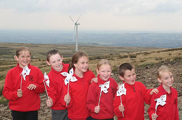 Edenfield Primary School children at the opening of Scout Moor Wind Farm.