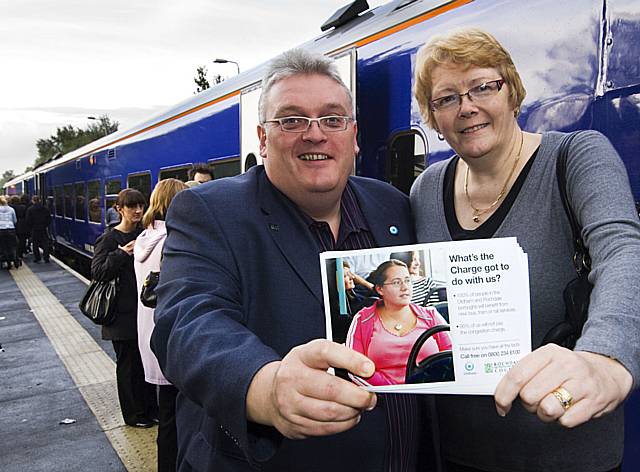 Information Station – Councillors Howard Sykes (Oldham) and Irene Davidson (Rochdale) launched the information campaign and spoke to commuters at Mills Hill station.