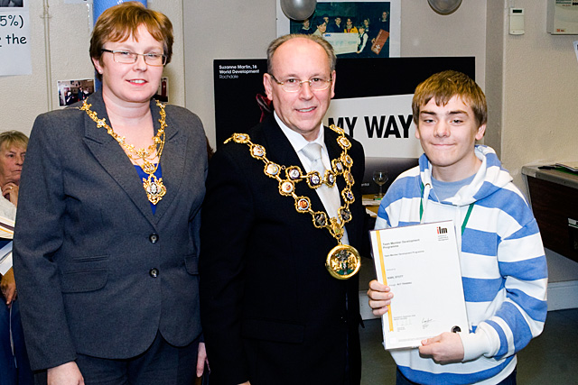 RCT Young Runaway project launch - Mayor Keith Swift presents a certificate to Karl Stott