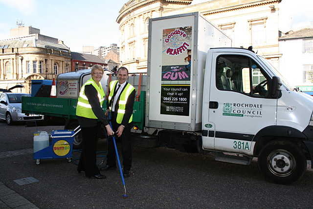 Councillors Irene Davidson and Greg Couzens get to grips with discarded chewing gum using Rochdale Borough Council’s chewing gum removal machine