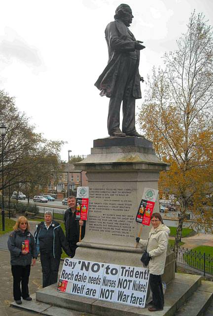 Rochdale and Littleborough Peace Group members at John Bright's statue.
