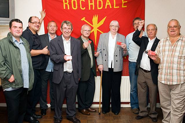 Steven Burke, Mark Hollinrake, Jack Brassington, Tom Stott, Mick Cummings, Maureen Nicholl, Mick Coates, Councillor Robin Parker and Dave Lee defiant at Rochdale Labour Club following the expulsion and suspension of the 'Rochdale Seven'