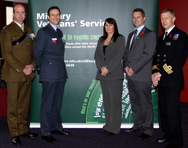 Lieutenant Colonel Eddy Carter, Commanding Officer 103 Regiment; Flight Lieutenant Martin Falsey; Clinical Lead Claire Maguire; Principal Psychologist Dr Alan Barrett and Naval Commander for Northern England and Isle of Man David Pickthall.



