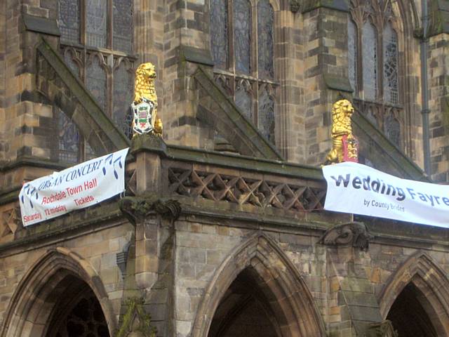 Rochdale Town Hall’s balcony with the banners
