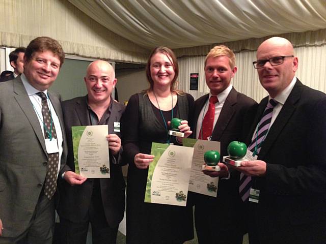 Receiving their Green Apple Award are Scott Saunders of GabiH2O, Avi Djanogly, founder of GabiH2O, United Utilities' Demand Strategy Analyst Maxine Stiller, Jamie Greene, Director of Business Development at Nickelodeon UK and Geoff Loader, Director of Communications, Southern Water