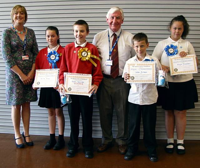 Winners of the design a card to send to The Queen competition with Sue Furby and John Brooker from The Rotary Club of Middleton 