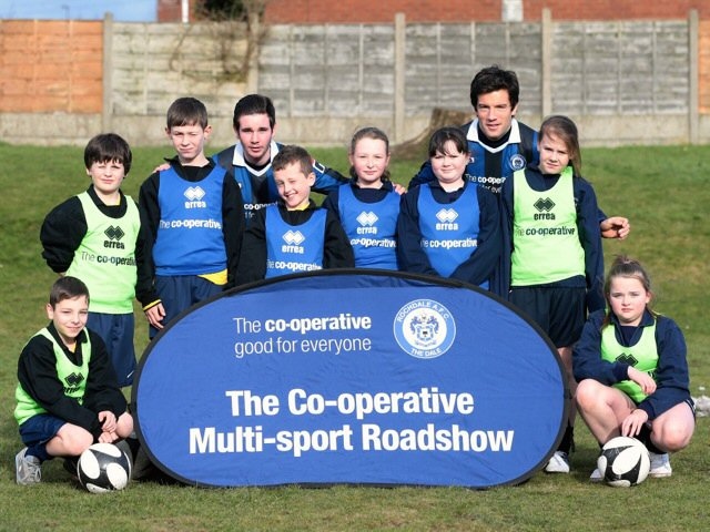 Launch of the Cooperative Community sponsorship at St Gabriel's Primary School in Middleton, Rochdale. Rochdale players Brian Barry Murphy and Reece Gray coach children from the school as part of the Co-operative Multi Sports programme 