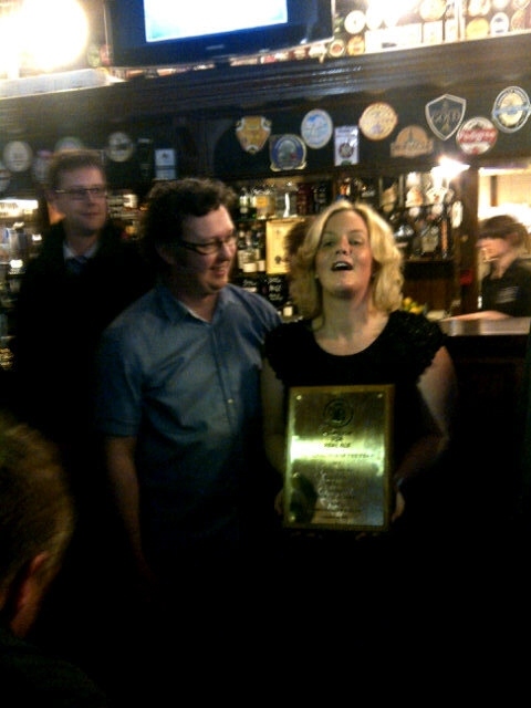 Simon & Heidi Crompton receiving the CAMRA National Pub of the Year award for The Baum