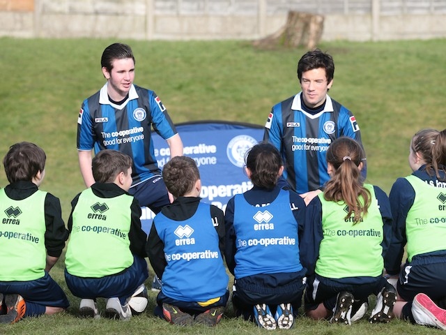 Launch of the Cooperative Community sponsorship at St Gabriel's Primary School in Middleton, Rochdale. Rochdale players Brian Barry Murphy and Reece Gray coach children from the school as part of the Co-operative Multi Sports programme