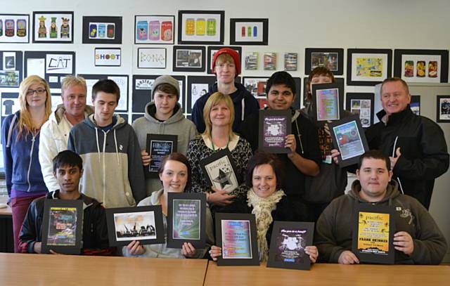 Hopwood Hall College graphic design students with their flyers.  From left to right, very back row: Michael Butterworth.  Second row: Zoe Freeman, Martyn Turner (Pacific Night Club), Pawel Tracz, Adam Haisler, Sharon Drysdale (Hopwood Hall College tutor), Chet Mistry, Sam Leeson, Mark Foxley (Pacific Night Club). Front row: Yasin Mohammed (winning design), Lois Shaw, Tina Hogarth, James Ord