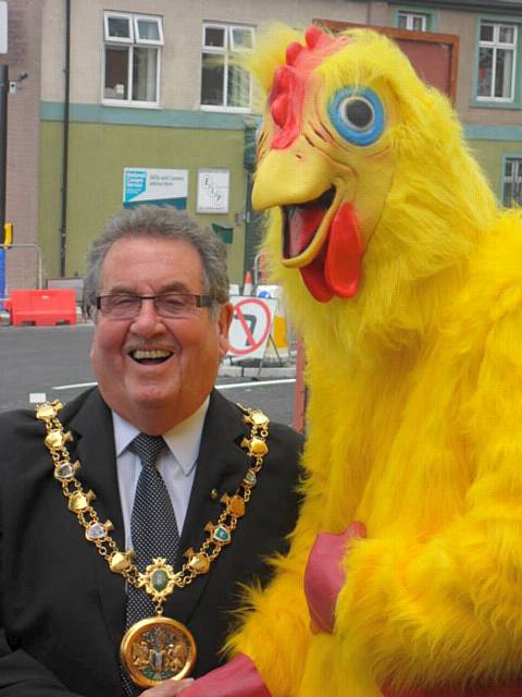 The Fancy Dress Shop Rochdale formally opened by the Mayor Cllr Peter Rush with help from a Big Chicken