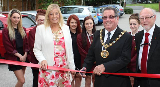 The Mayor and Mayoress of Rochdale, Peter & Monica Rush and Jim Dobbin MP opening the Millfield Bupa Care Home National Open Day with the Siddal Moor students 