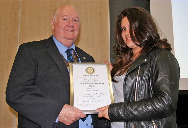 Young Citizen of the Year award presented to Jodie Kushner by President of Middleton Rotary Club, Jeffrey Lawton