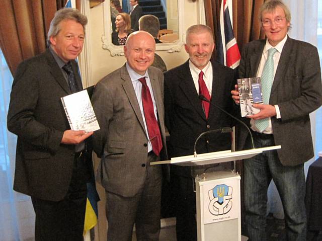 At the “Holodomor” Book Launch at the AUGB headquarters in London.   Right to left: Fedir Kurlak (Chief Executive of the AUGB), Ashley Drake (Director of the Welsh Academic Press), Book author Dr Ray Gamache (King’s College, Pennsylvania) and Nigel Colley (Great Nephew of Gareth Jones)