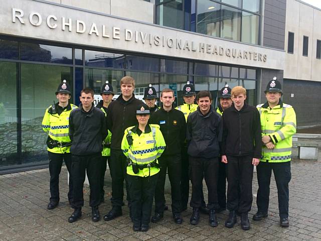 Hopwood Hall College UPS students with Police Officers outside Rochdale Divisional Headquarters (left to right) Connor Brown, Matthew Smith, Ryan Orme, Harry Beninson, and Kieran Jones