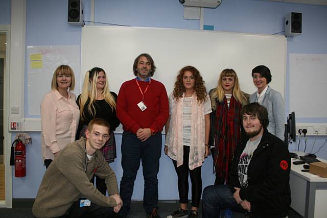 Hopwood Hall College student support manager, Tracey Marrow, with students Franchesca Kershaw, 19, from Rochdale, Acorn Director Ed Smith, Lois McGee, 17,  from Rochdale, Rebecca Davies, 17, from Oldham & Eloise Dale, Hopwood Hall College’s student support tutor.  Front row Francis Tighe, 18, from Rochdale and Chris McHale, 19, also from Rochdale
