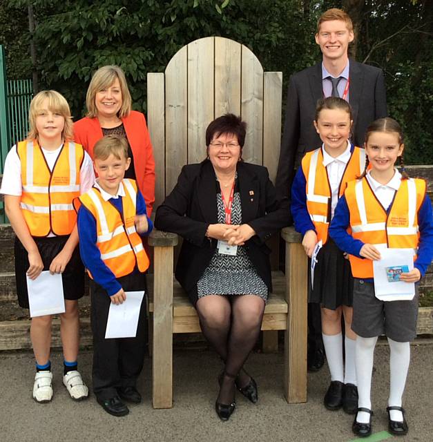Front row: Quinlan Otterly O’Conner, Louie Harris, Councillor Janet Emsley, Grace Harris and Darcey Harris (winner)<br />
Back row: Jane George (headteacher) and Nick Jordan (Network Rail)
