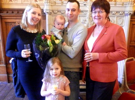 Georgina Gray and David Turner with children and Councillor Janet Emsley