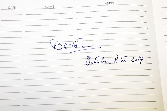 The Duchess of Gloucester's signature in the visitors book at Springhill Hospice