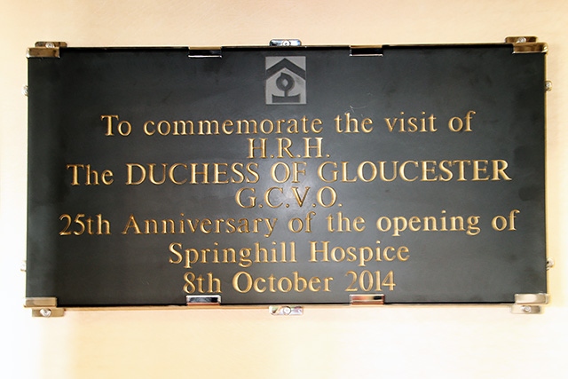 The plaque unveiled by The Duchess of Gloucester at Springhill Hospice