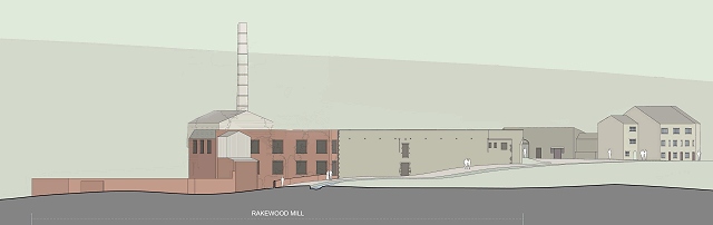 Existing Rakewood Mill plan - The elevations (existing and proposed) are amended views with all structures that are screened by trees at all times removed for clarification