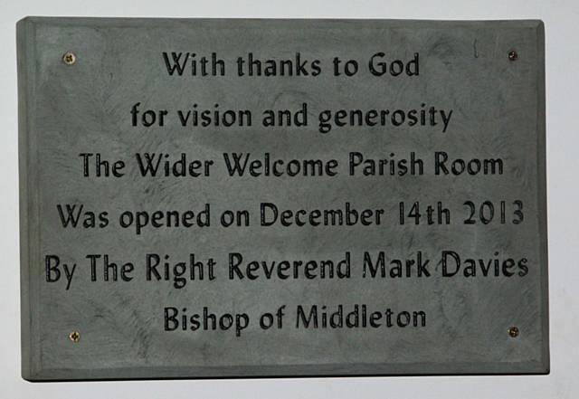 Wider Welcome Parish Room plaque at St Andrew's Church, Dearnley & Smithy Bridge