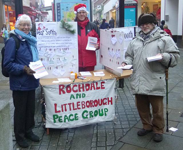 Peace campaigners: Pat Sanchez, Philip Gilligan and George Abendstern at the stall in Yorkshire Street 