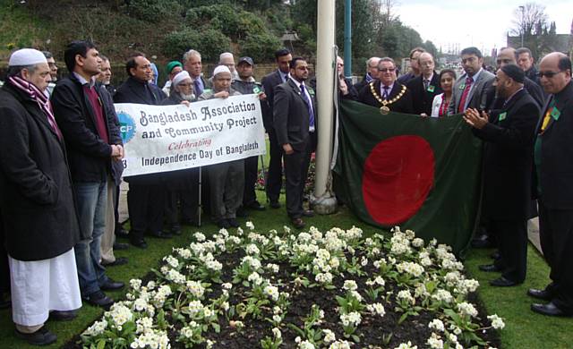The Bangladesh flag raised by the Mayor Peter Rush in the presence of of the Bangladeshi community