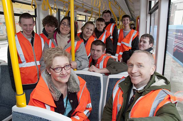 Metrolink officials take pupils and staff from Redwood School Sixth Form on a special travel training preview of Rochdale’s new town centre tram line