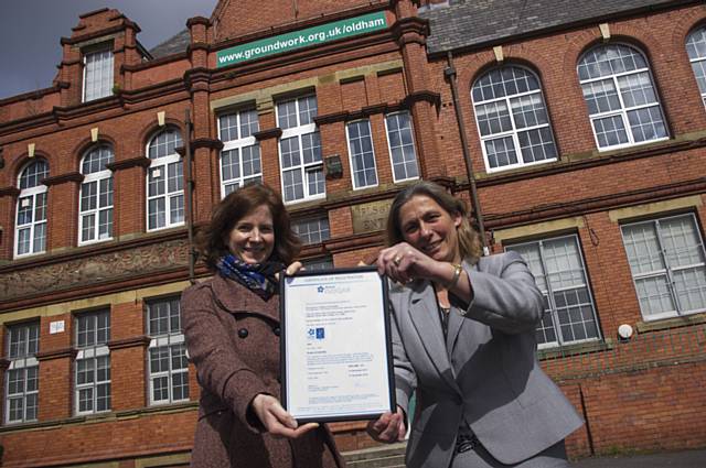 Evelyn Brookfield (Quality Manager) and Vicki Devonport (Executive Director) hold the ISO 9001 certificate outside the Groundwork headquarters