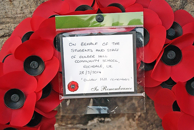 A wreath laid by students on behalf of Oulder Hill School