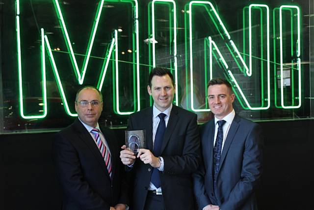 Tony Crolla (Dealer Principal), Lee Griffiths (MINI Business Sales Manager) & Paul DiClemente (MINI Sales Manager) proudly celebrating with the MINI Retained Dealer of the Year Award