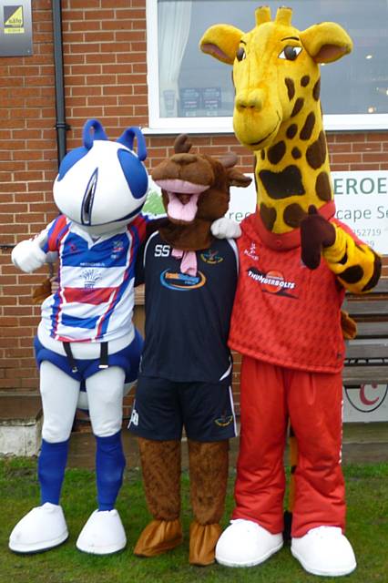 Hercules the Hornet from Rochdale Hornets RL Club, Norden's mascot Stanley the Stag and Lanky the Giraffe, the mascot of Lancashire County Cricket Club

