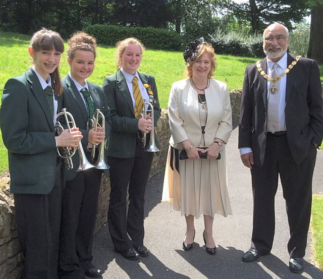 Skye Wilson, Rachael Clegg and Hannah Timperley with  Deputy Mayor, Surinder Biant and Deputy Mayoress, Cecile Biant at the Armed Forces Week flag raising in Littleborough