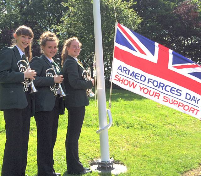 Skye Wilson, Rachael Clegg and Hannah Timperley at the Armed Forces Week flag raising in Milnrow