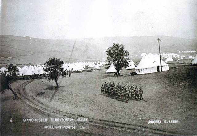 During the late summer of 1914, the Ealees Valley at Hollingworth Lake was transformed into a scene of military activities as the Manchester Territorial Regiments set up a training camp there