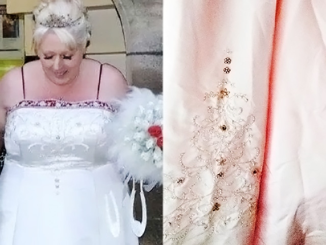 The white wedding dress turned pink