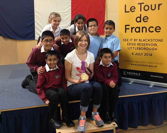 Joanna Rowsell MBE with the children from Spotland School Cycle Team 