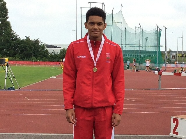 Kevin Metzger with his gold medal at SIAB Track and Field International in Cardiff