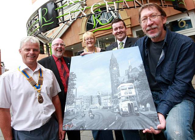 Bob Chadwick, President of the Rotary Club of Rochdale, John Kay, of Rochdale Online, Irene Davidson, President of the Innerwheel Club of Rochdale, Chris Doidge, Rochdale Exchange Operations Manager and artist Geoff Butterworth