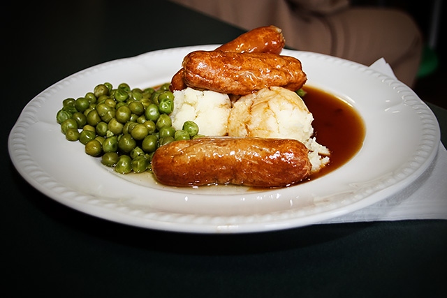Sausage, mash, peas and gravy - free school meal on offer at Woodland Commuity Primary School