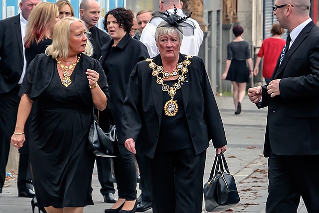Mayoress Beverley Place and Mayor Carol Wardle arriving for Jim Dobbin's funeral