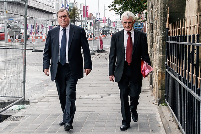 Lord Prescott (left) arriving for Jim Dobbin's funeral