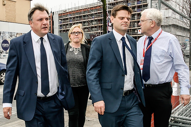 Ed Balls MP (left), Shadow Chancellor, arriving for Jim Dobbin's funeral