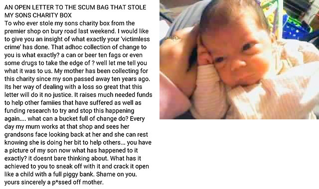 Open letter to the thief who stole the charity tin with a photo of baby Nathan James Cooper on