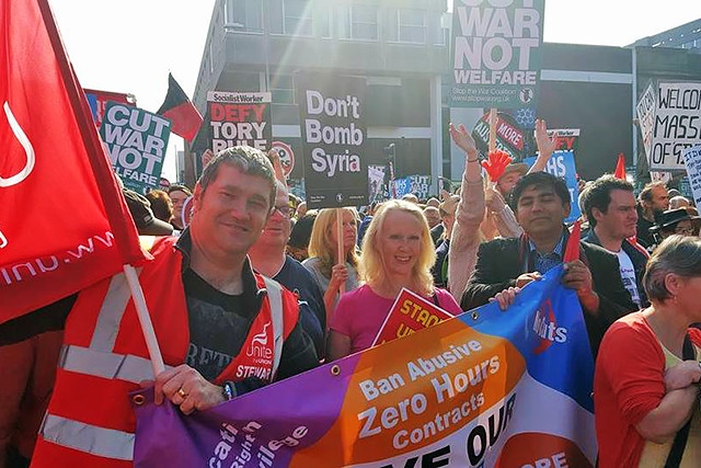 Councillor Chris Furlong, Liz McInnes MP and Councillor Aasim Rashid at the anti-austerity march in Manchester