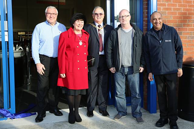Company Shop Founder and Chairman John Marren, Deputy Mayoress of Rochdale Mrs Elaine Dutton, Deputy Mayor of Rochdale Councillor Ray Dutton,  Middleton Store’s first customer Bill Andrews, and Middleton Store Manager Vijay Patel