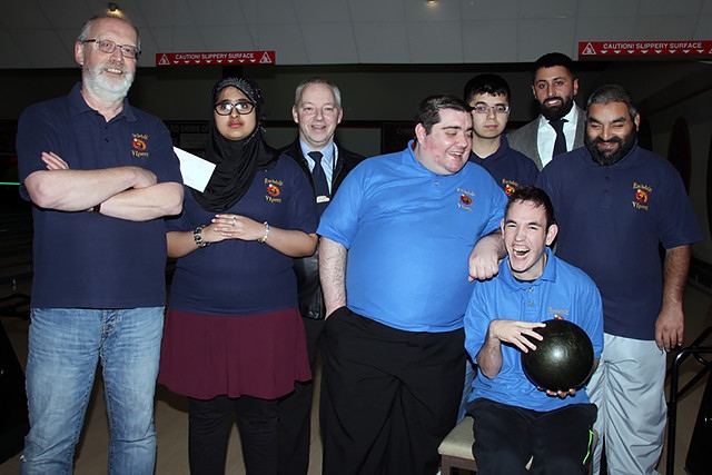 Dave Hobson from Rochdale Vipers, James Grimshaw and Jawad Khalid from Town Taxi, with the Rochdale Vipers ten pin bowling team